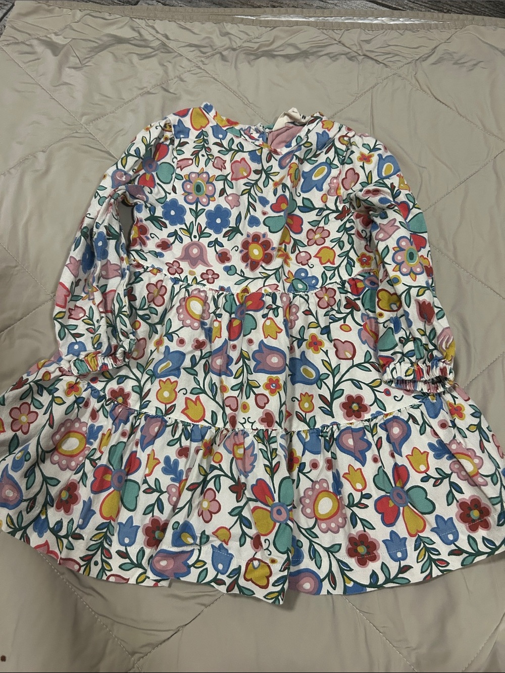 Mini Boden White Floral Long-Sleeve Tiered Dress with Multicolor Blooms